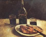 Vincent Van Gogh Still life with a Bottle,Two Glasses Cheese and Bread (nn04) Spain oil painting artist